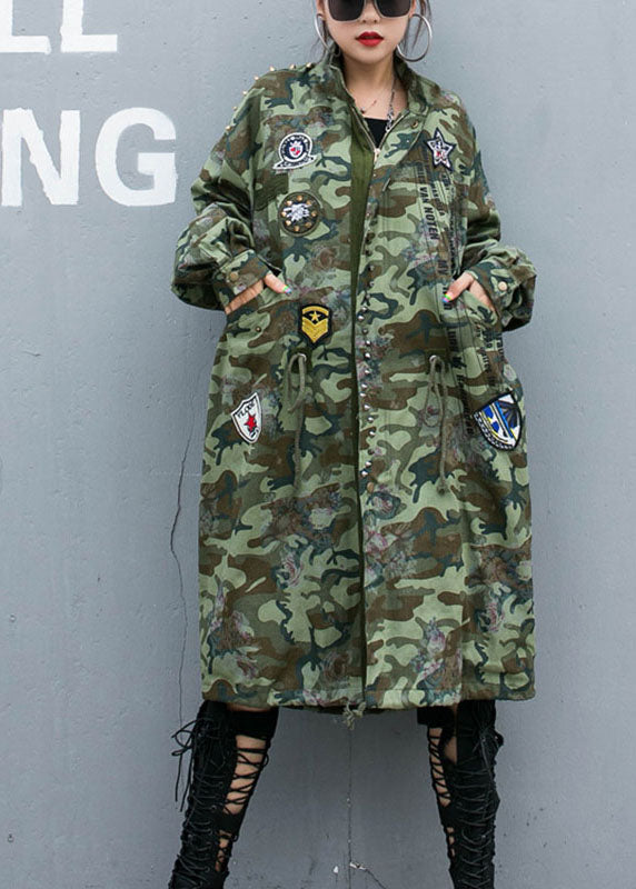 Casual Camouflage Rivet Print Pockets Fall Denim Long Sleeve Trench coats Coat