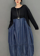 Casual Colorblock Oversized Patchwork Wrinkled Denim Dress