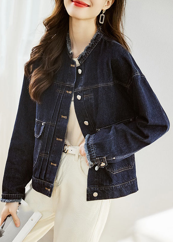 Casual Dark Blue O-Neck Pockets Patchwork Denim Coats Fall