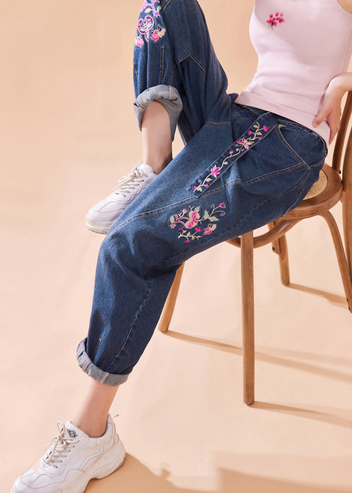 Casual Denim Blue Embroideried Floral Button Pockets Zippered Wide Leg Pants