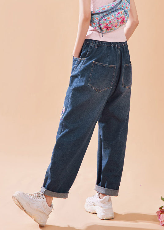 Casual Denim Blue Embroideried Floral Button Pockets Zippered Wide Leg Pants