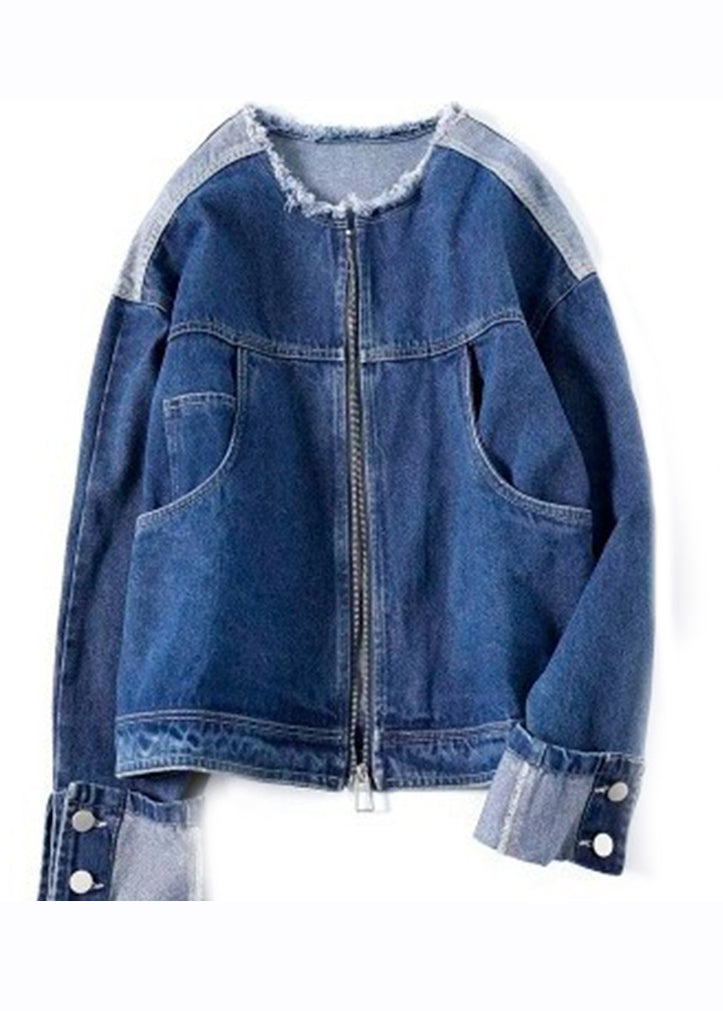 Casual Denim Blue O-Neck Zippered Patchwork Coat Long Sleeve