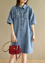 Casual Denim Blue Peter Pan Collar Pockets Cotton Mid Dress Half Sleeve