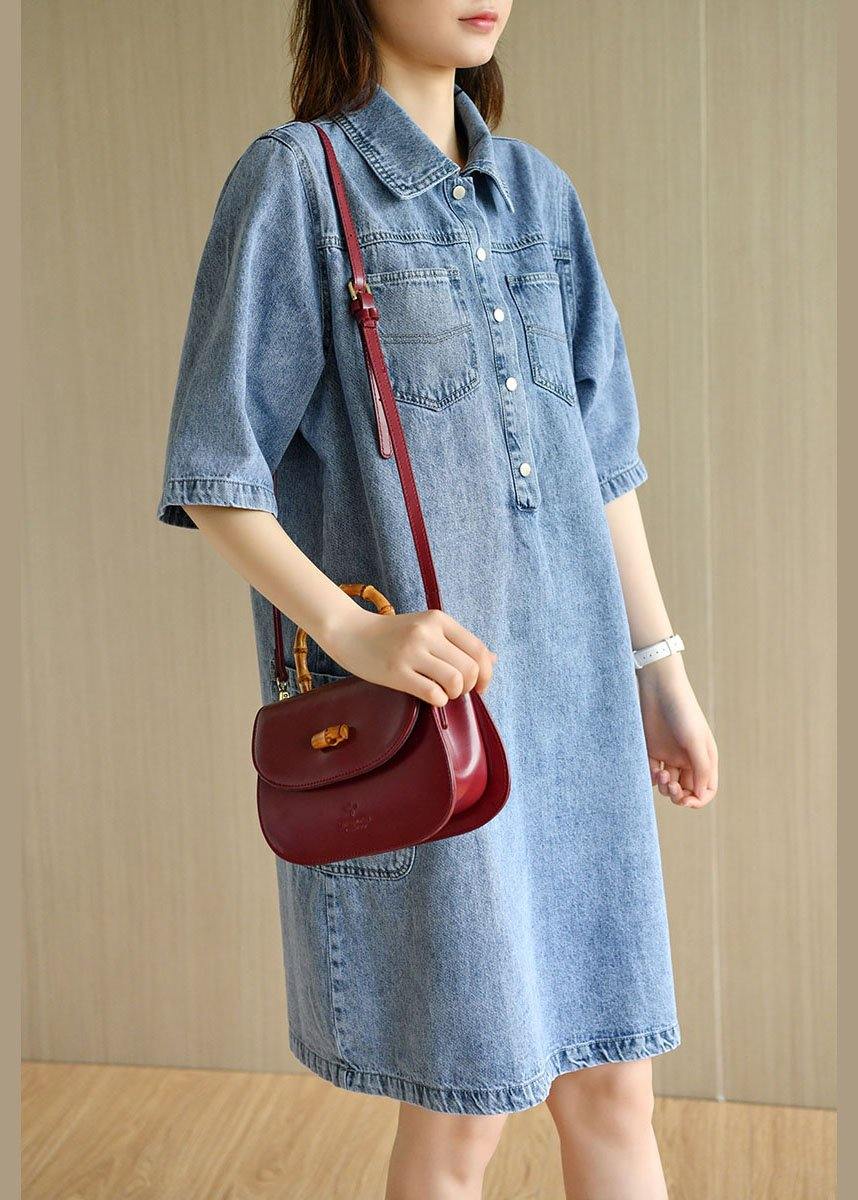 Casual Denim Blue Peter Pan Collar Pockets Cotton Mid Dress Half Sleeve