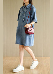 Casual Denim Blue Peter Pan Collar Pockets Cotton Mid Dress Half Sleeve