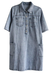 Casual Denim Blue Peter Pan Collar Pockets Cotton Mid Dress Half Sleeve