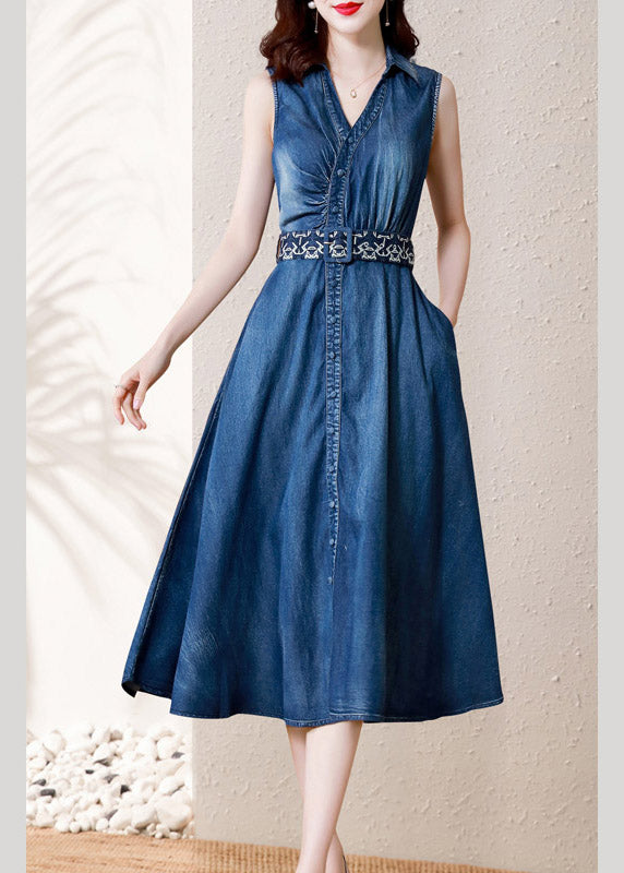 Casual Denim Blue V Neck Button Sashes Cotton Party Long Dress