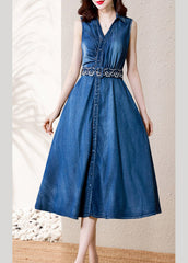 Casual Denim Blue V Neck Button Sashes Cotton Party Long Dress