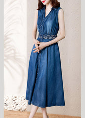 Casual Denim Blue V Neck Button Sashes Cotton Party Long Dress