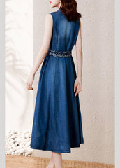 Casual Denim Blue V Neck Button Sashes Cotton Party Long Dress