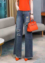 Casual Denim Navy Embroideried Elastic Waist Long Wide Leg Pants