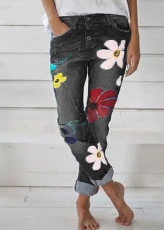 Casual Flower Print Button Denim Long Jeans