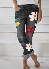 Casual Flower Print Button Denim Long Jeans