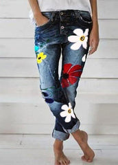 Casual Flower Print Button Denim Long Jeans