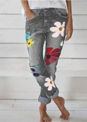 Casual Flower Print Button Denim Long Jeans