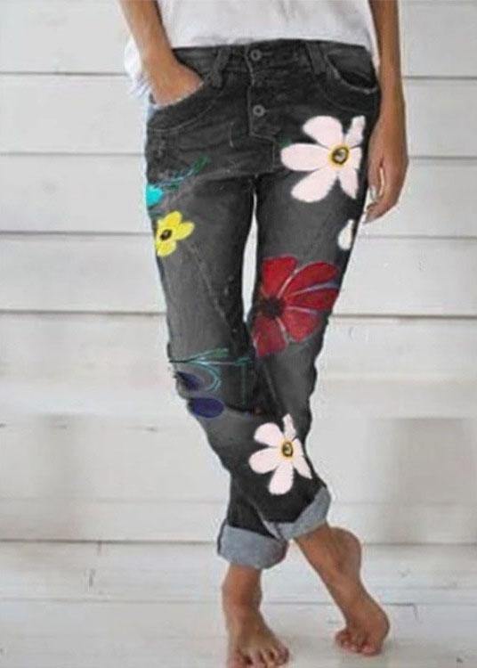 Casual Flower Print Button Denim Long Jeans