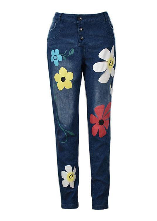 Casual Flower Print Button Denim Long Jeans