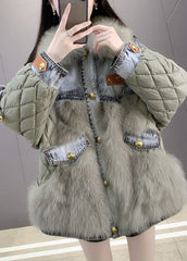 Casual Green Fox collar Denim Patchwork Button Down Coats Winter