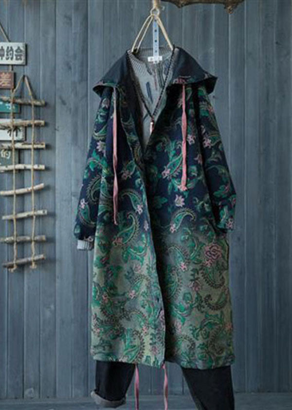 Lässiger grüner Trenchcoat aus Baumwolldenim mit Farbverlauf und Kapuze