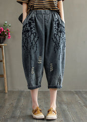 Casual Grey Embroideried Hole Pockets Cotton Denim Crop Pants