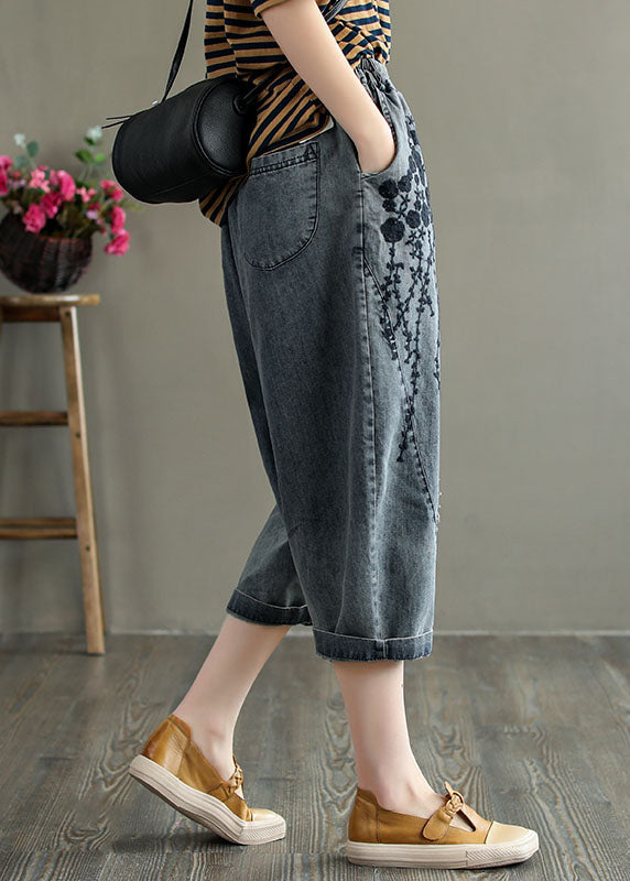 Casual Grey Embroideried Hole Pockets Cotton Denim Crop Pants