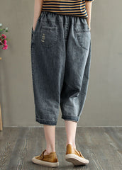 Casual Grey Embroideried Hole Pockets Cotton Denim Crop Pants