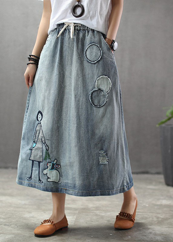 Casual Light Blue Elastic Waist Patchwork Cartoon Embroideried Tulle Denim Skirts