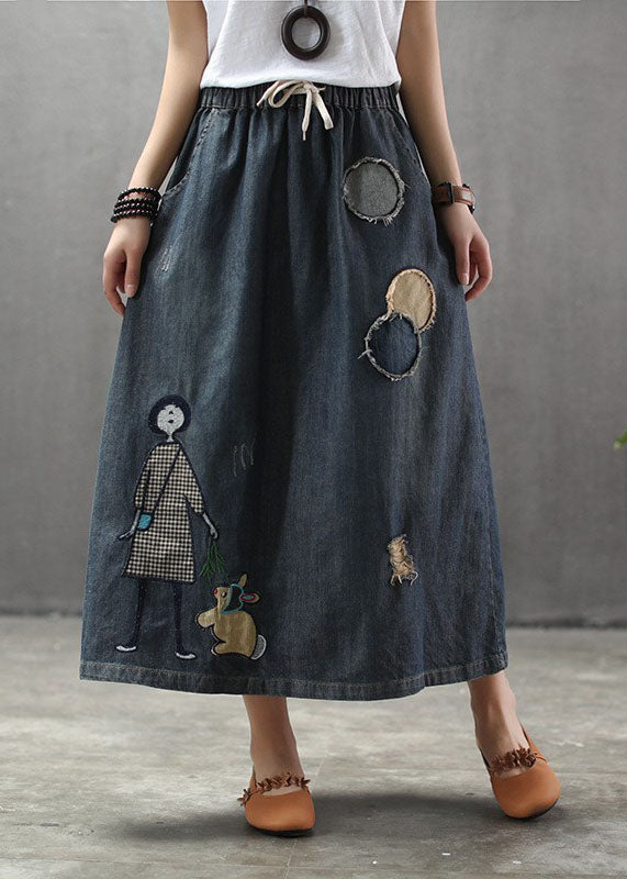 Casual Light Blue Elastic Waist Patchwork Cartoon Embroideried Tulle Denim Skirts