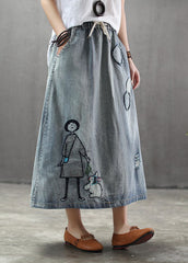 Casual Light Blue Elastic Waist Patchwork Cartoon Embroideried Tulle Denim Skirts