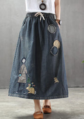 Casual Light Blue Elastic Waist Patchwork Cartoon Embroideried Tulle Denim Skirts