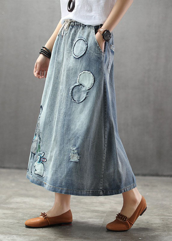 Casual Light Blue Elastic Waist Patchwork Cartoon Embroideried Tulle Denim Skirts