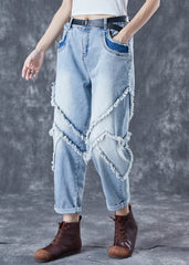 Casual Light Blue Oversized Patchwork Tassel Denim Pants