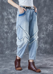 Casual Light Blue Oversized Patchwork Tassel Denim Pants