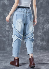 Casual Light Blue Oversized Patchwork Tassel Denim Pants