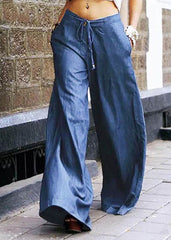 Casual Light Blue Pockets Lace Up Patchwork Denim Wide Leg Pants