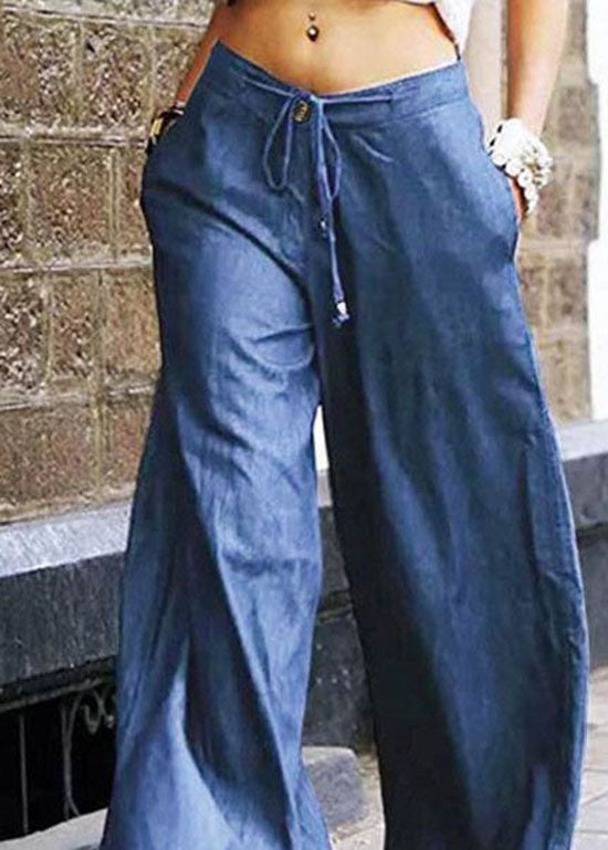 Casual Light Blue Pockets Lace Up Patchwork Denim Wide Leg Pants