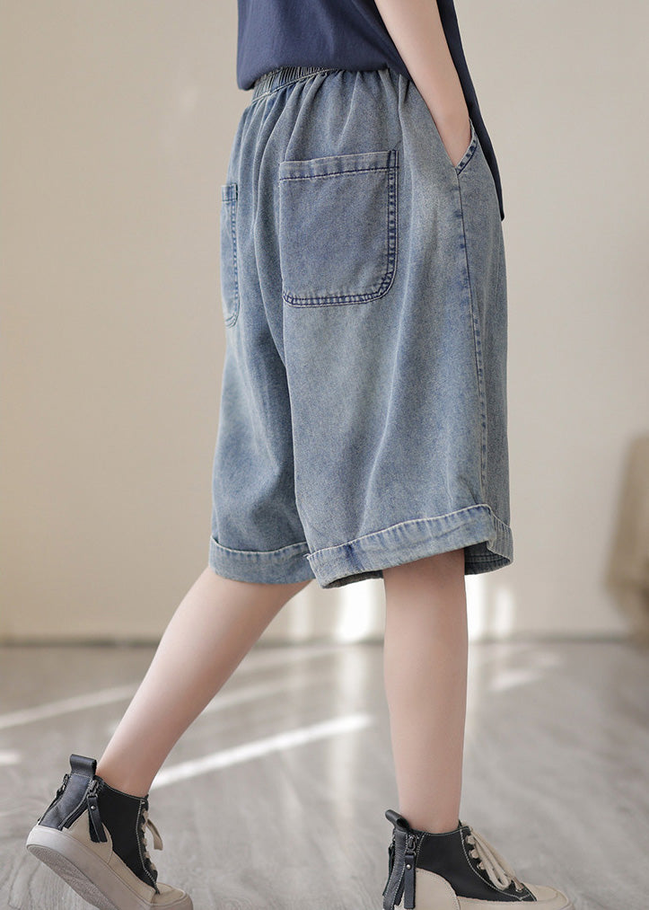 Casual Light Blue Pockets Patchwork Cotton Denim Shorts