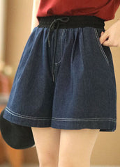 Casual Navy Elastic Waist Drawstring Pockets Patchwork Linen Denim Shorts