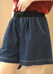 Casual Navy Elastic Waist Drawstring Pockets Patchwork Linen Denim Shorts