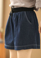 Casual Navy Elastic Waist Drawstring Pockets Patchwork Linen Denim Shorts