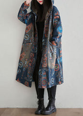 Casual Navy Hooded Patchwork Print Denim Cardigan