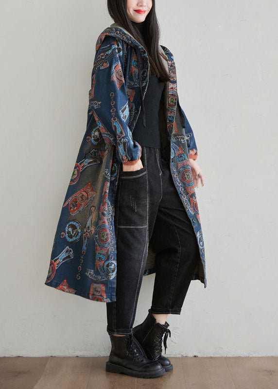 Casual Navy Hooded Patchwork Print Denim Cardigan