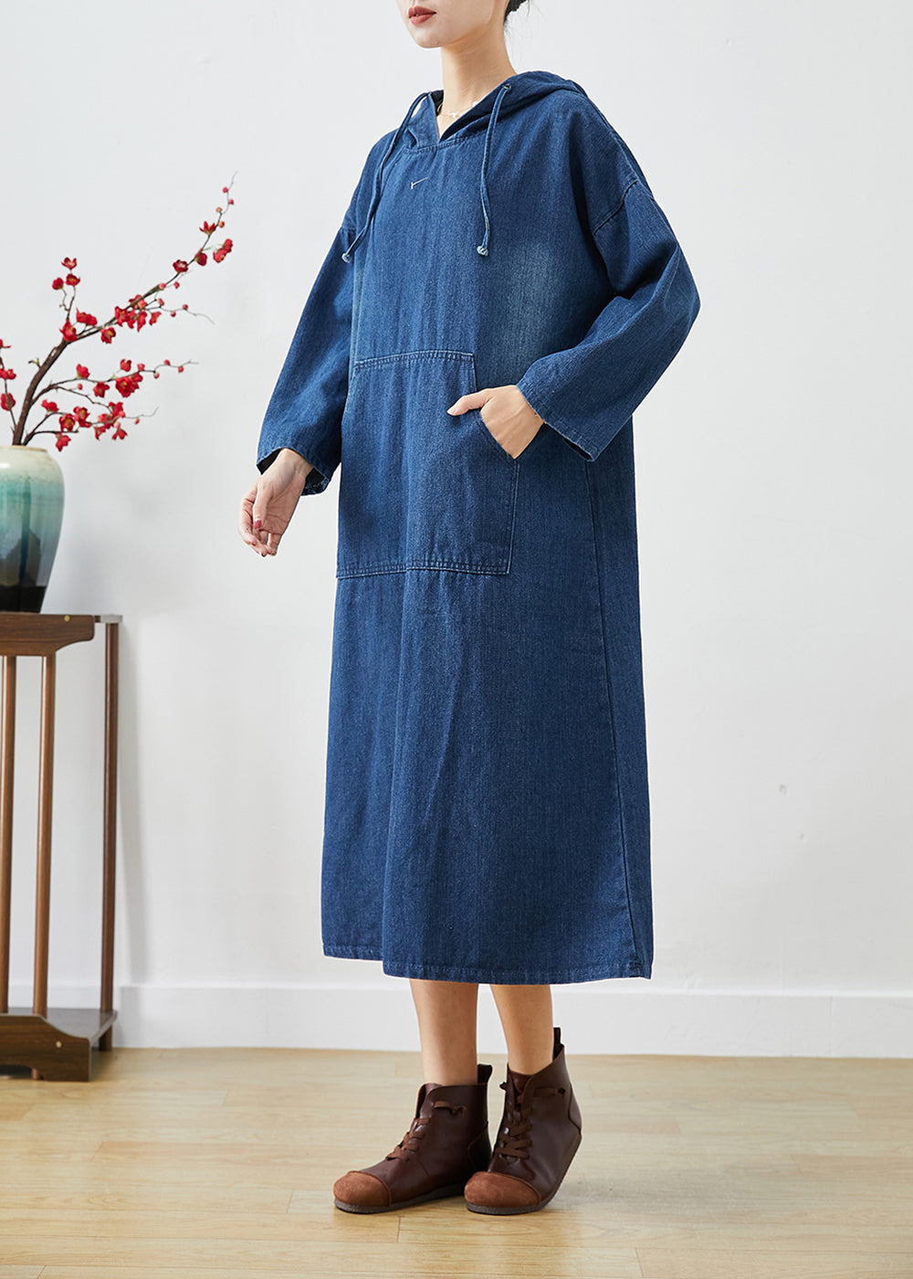 Lässige Marineblaue Oversize-Denim-Urlaubskleider mit Kapuze für den Herbst