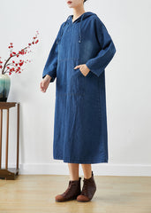 Casual Navy Oversized Hooded Denim Vacation Dresses Fall