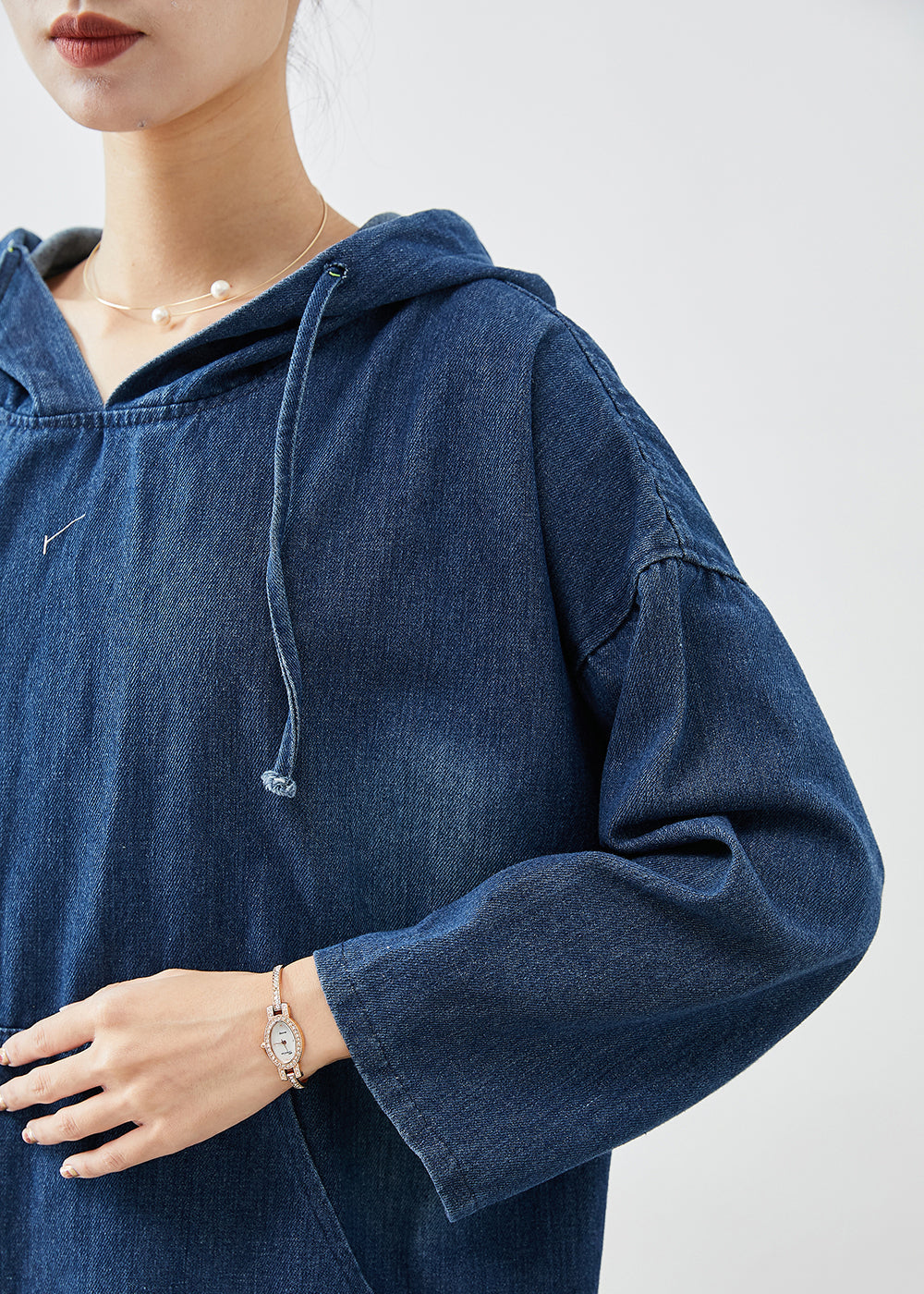 Lässige Marineblaue Oversize-Denim-Urlaubskleider mit Kapuze für den Herbst