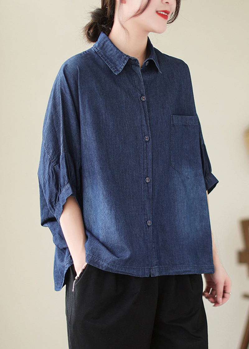 Casual Navy Oversized Washed Denim Blouses Batwing Sleeve