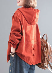 Casual Orange Hooded Chinese Button Denim Coat Long Sleeve