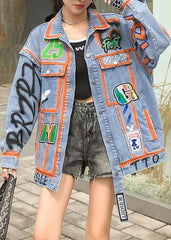 Casual Orange Peter Pan Collar Pockets Graphic Patchwork Denim Coat