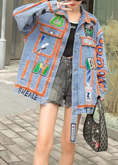 Casual Orange Peter Pan Collar Pockets Graphic Patchwork Denim Coat