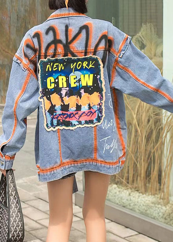 Casual Orange Peter Pan Collar Pockets Graphic Patchwork Denim Coat